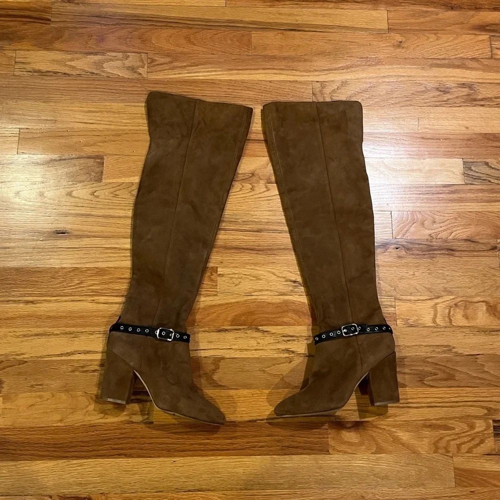 NINE WEST Sandro Thigh High Over the Knee Leather Suede Boots Block Heel 7.5